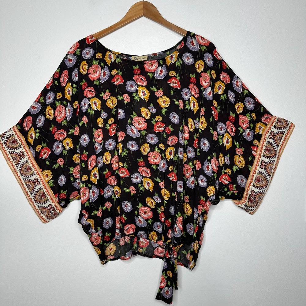Democracy Dolman Sleeve Top Size 1X Black Floral Tie Mix print Ruffle
